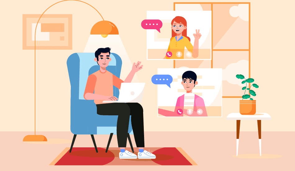 Illustration of a person sitting in a chair with a laptop, waving during a video call with two other people displayed on the screen. The setting appears to be a cozy living room with a plant, lamp, and framed art.