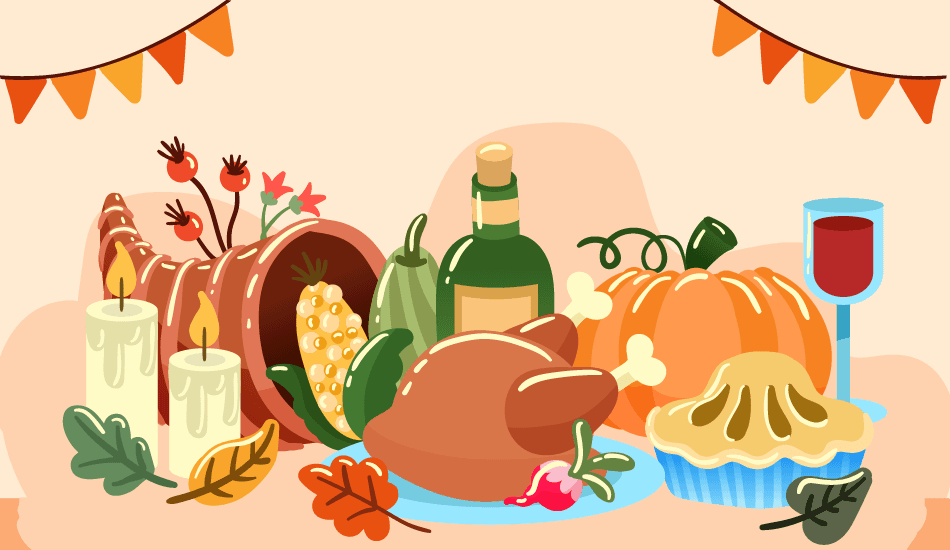 Illustration of a Thanksgiving feast with roasted turkey, pumpkin pie, candles, wine, and autumn decorations