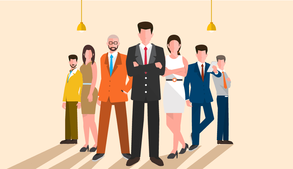 Illustration of a confident team standing together with the boss in front, symbolizing leadership and teamwork for Boss’s Day.