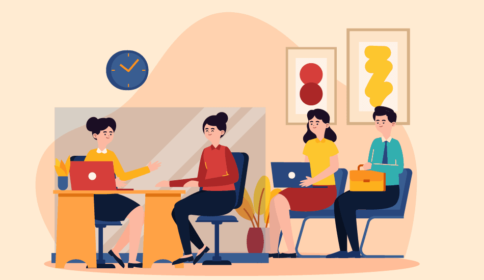 Manager introduces team in an office meeting—illustration for the Workplace & Office Greetings Hub.