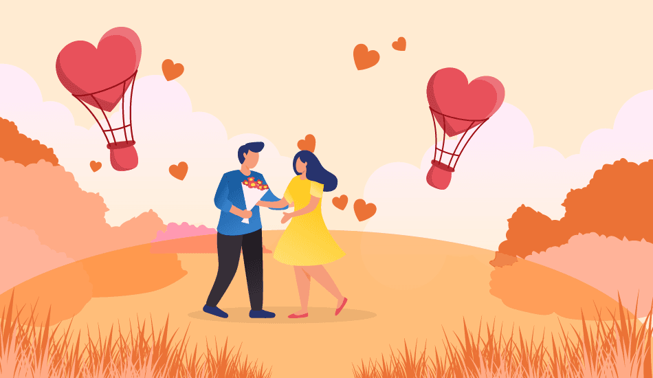 Illustration of a couple sharing flowers on Valentine’s Day with heart-shaped balloons, representing love, connection, and meaningful relationships