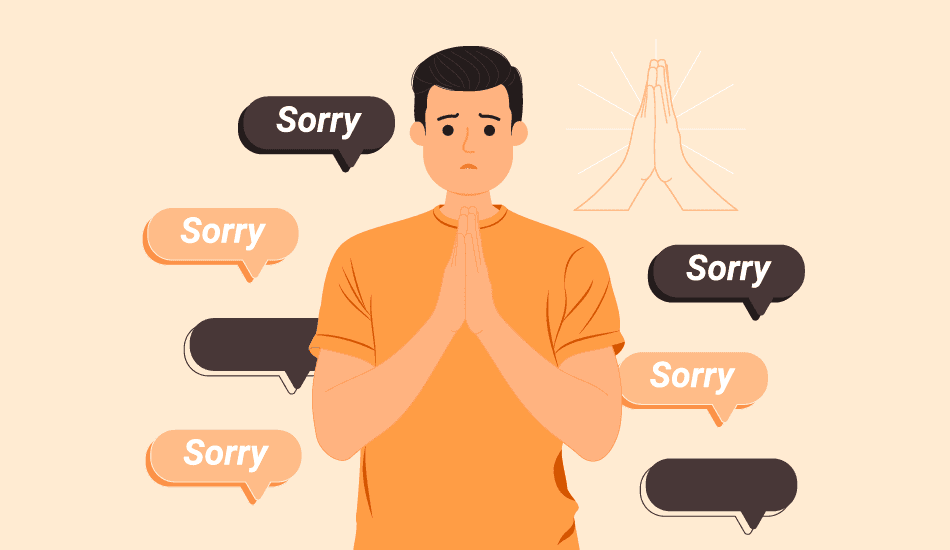 Illustration of a man with folded hands and a sad expression surrounded by speech bubbles saying 'Sorry,' symbolizing a heartfelt apology.