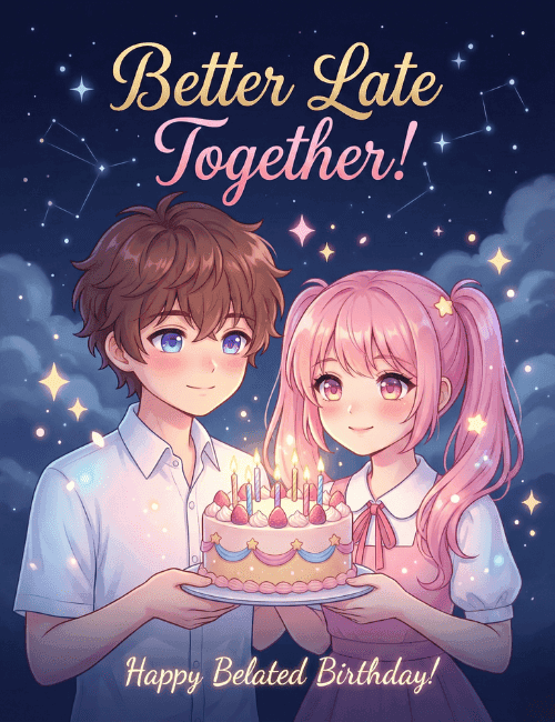Better Late Together Happy Belated Birthday Anime Card