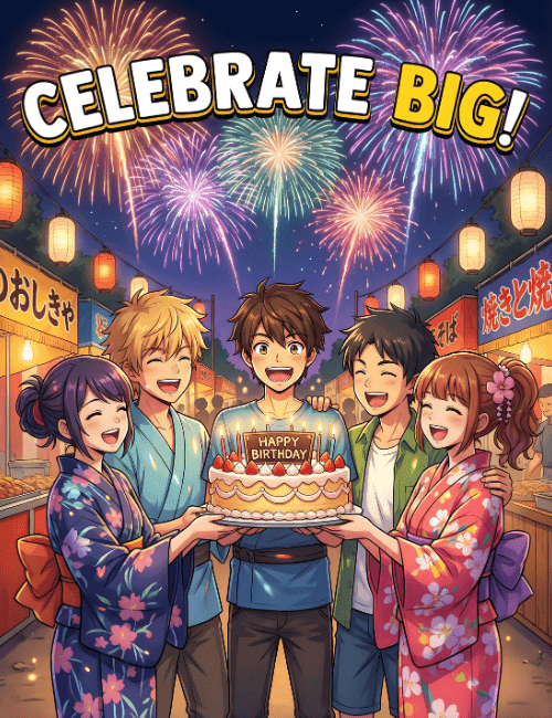 Celebrate Big Happy Birthday Anime Style Card