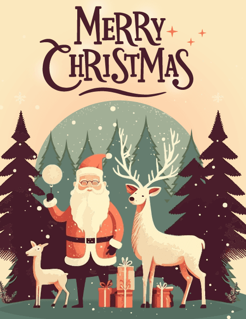 Classic Santa & Reindeer Merry Christmas Card