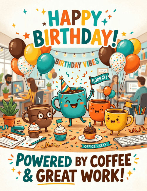 Funny Office Birthday Card Powered by Coffee and Great Work