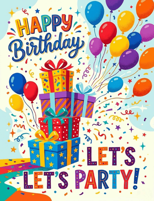 Colorful Happy Birthday Card with Gifts and Balloons Celebration Design