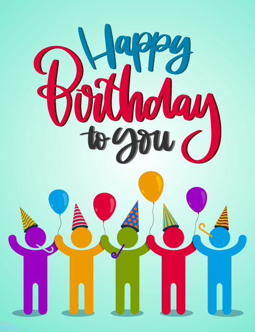 Happy Birthday Team Card – Colorful People & Balloons