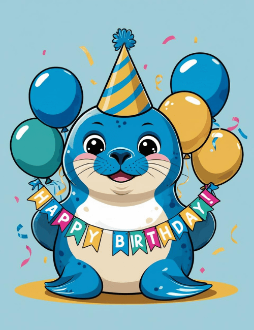 Cute Seal Birthday Card with Balloons