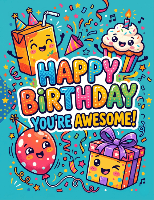 Cute Happy Birthday Card with Cartoon Icons and Fun Party Elements