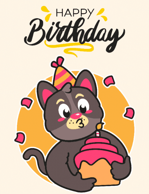 Cute Cat Happy Birthday Card with Cake and Cartoon Party Design