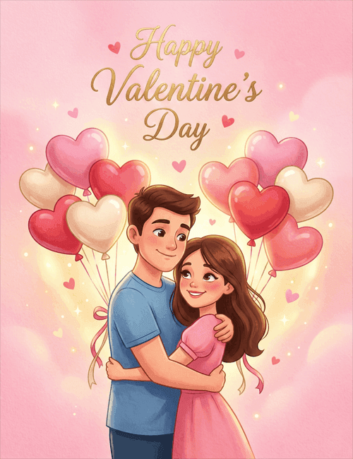 Cute Couple with Balloons Valentine’s Day Card