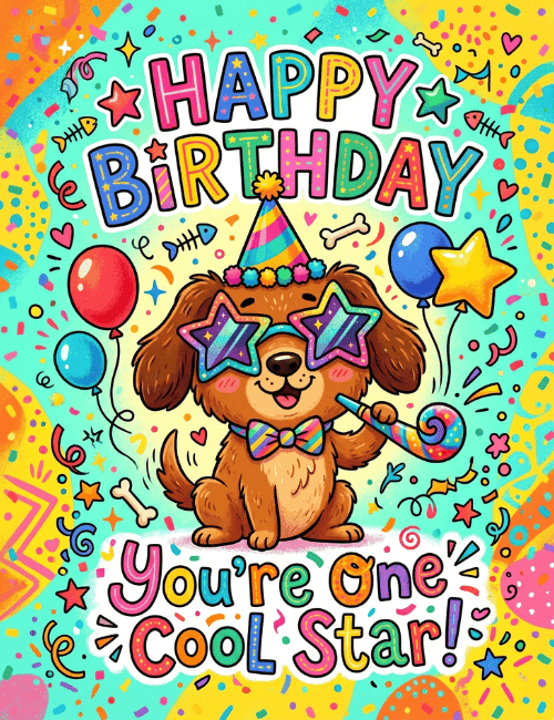Cute Dog Happy Birthday Card You’re One Cool Star Party Design