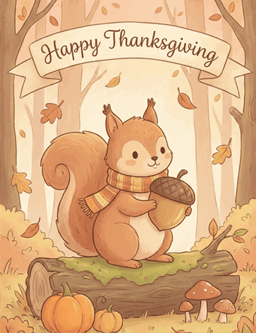 Happy Thanksgiving Card with Cute Squirrel and Autumn Leaves