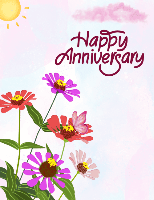 Elegant Happy Anniversary Card with Floral Garden Illustration