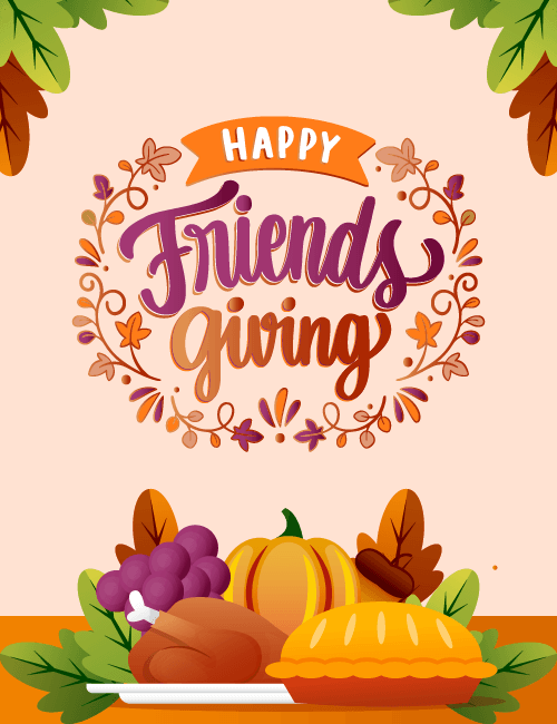 Friendsgiving typography with food and fall leaves