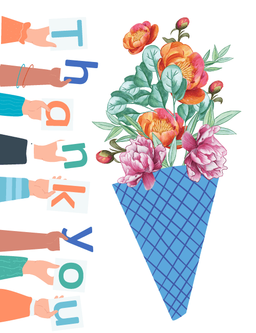 Colorful Floral Thank You Card – Hands Holding Letters Design