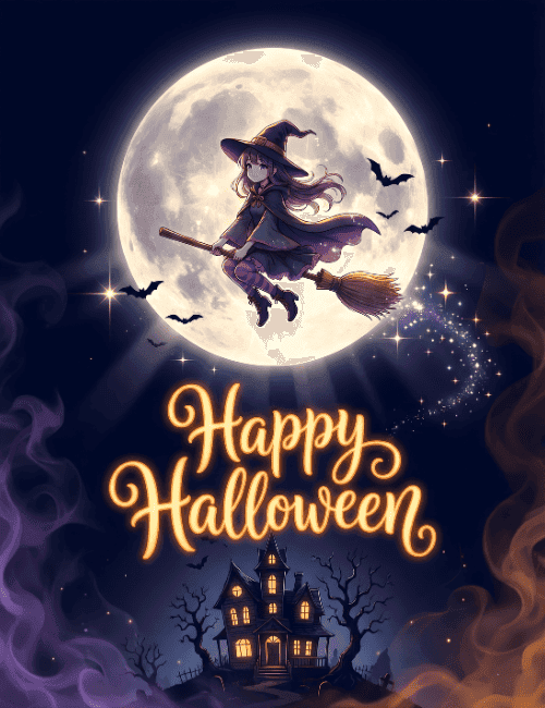 Happy Halloween Flying Witch Card
