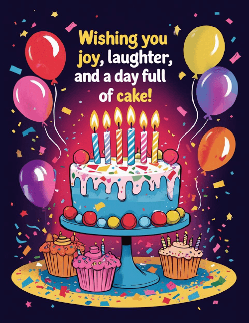 Joy & Cake Birthday Card – Balloons and Candle Cake