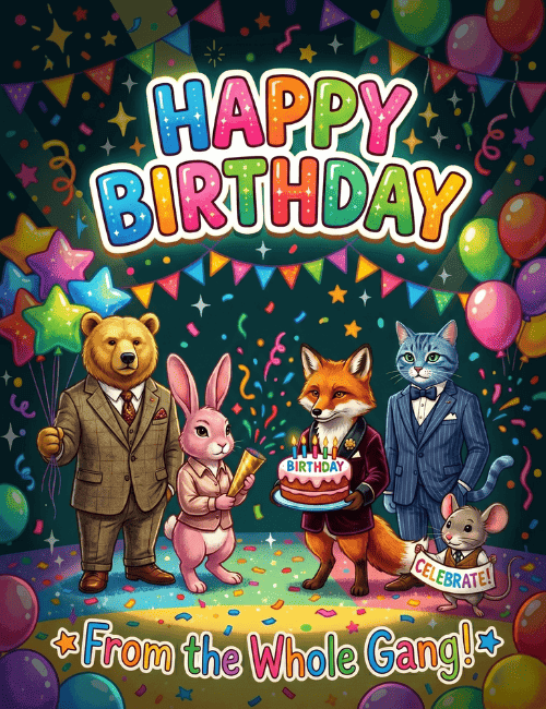 Funny Animal Gang Happy Birthday Card From All of Us