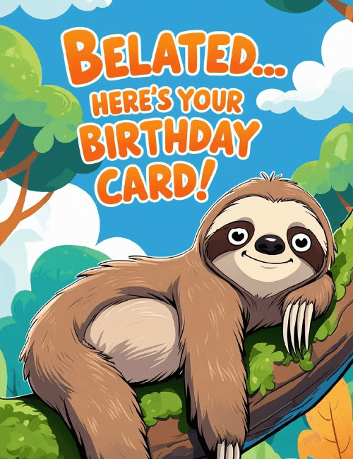 Funny Belated Sloth Birthday Card – Late but Adorable