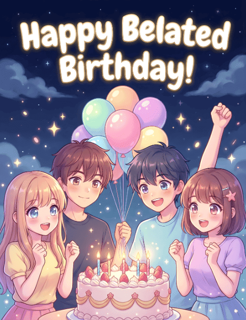 Happy Belated Birthday Anime Friends Celebration Card