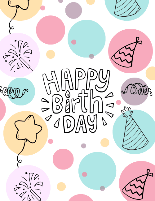 Happy Birthday Doodle Card – Fun Pastel Party Hat Design