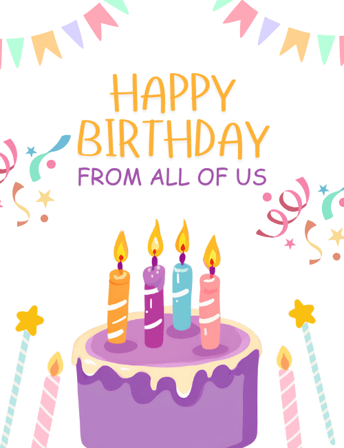 Happy Birthday Card – Purple Cake & Candles, From All of Us