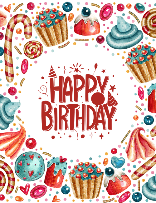 Happy Birthday Card – Colorful Sweets & Dessert Party Design