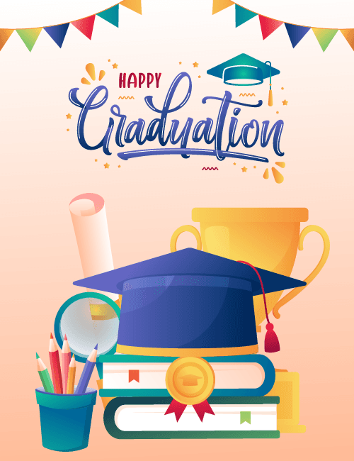 Happy Graduation – Books, Trophy & Cap Celebration Card