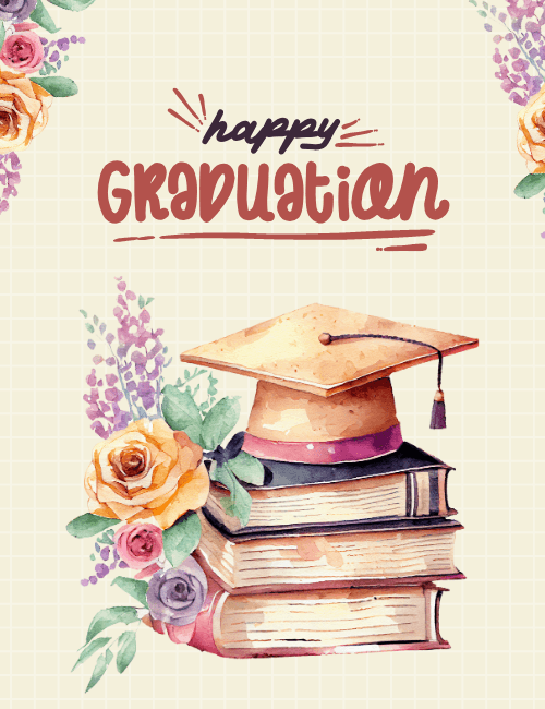 Happy Graduation – Watercolor Books & Floral Cap Card