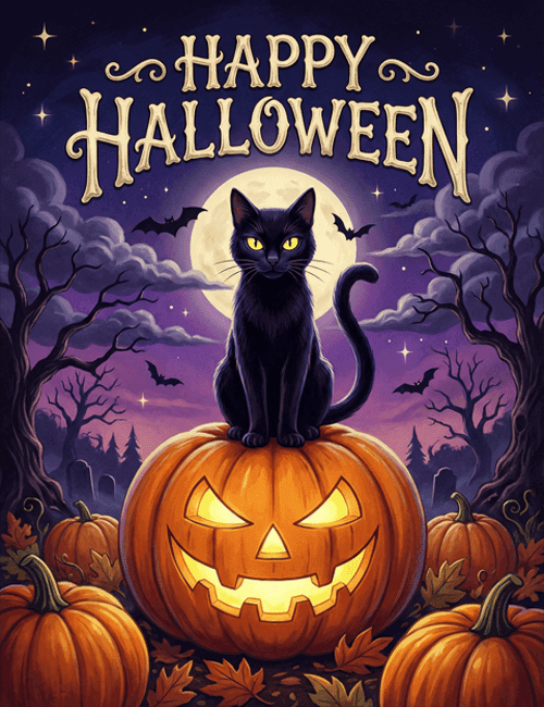 Happy Halloween Black Cat on Pumpkin Greeting Card