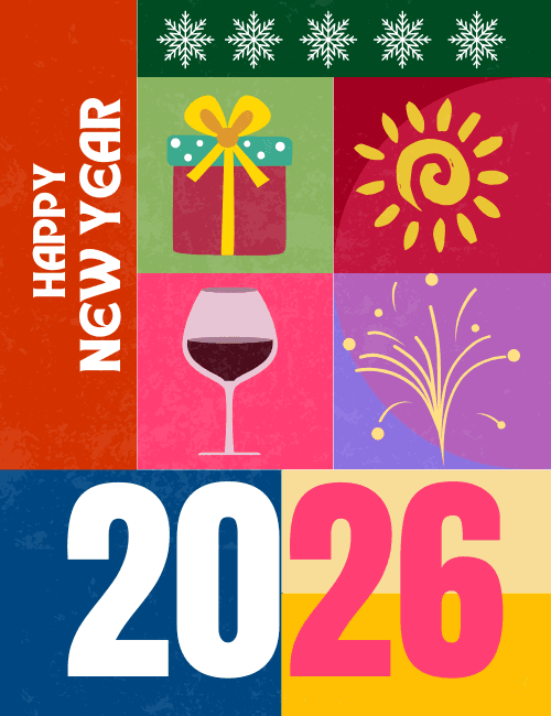 Modern Color Block Happy New Year 2026 Card – Gifts, Wine & Fireworks