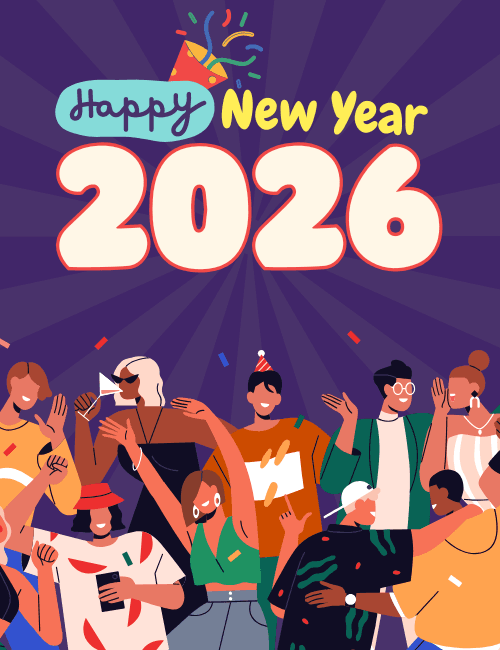 Happy New Year 2026 Party Celebration Card – Diverse Crowd Illustration