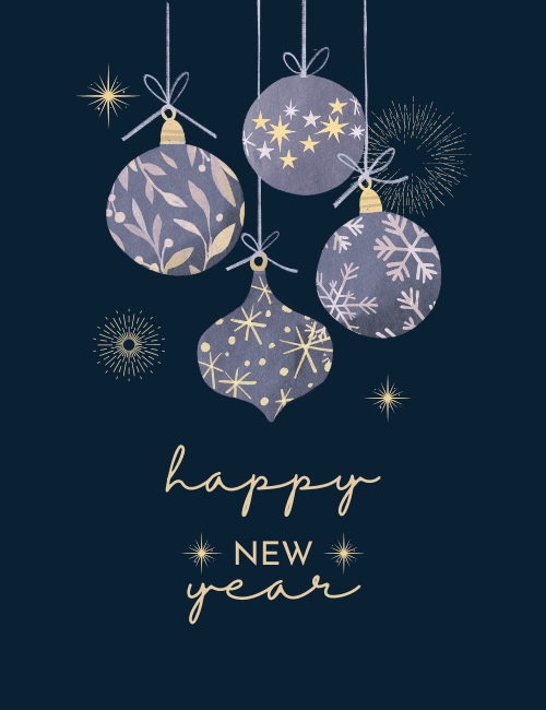 Classy Blue Ornaments Happy New Year Card
