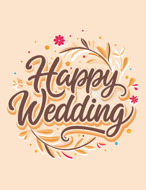 Happy Wedding Card – Playful Floral Typography Design