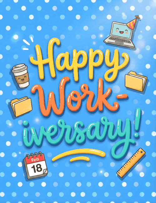 Happy Work Anniversary – Fun Blue Office Doodle Card