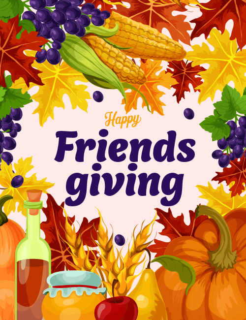 Autumn leaves and harvest fruits with Friendsgiving text