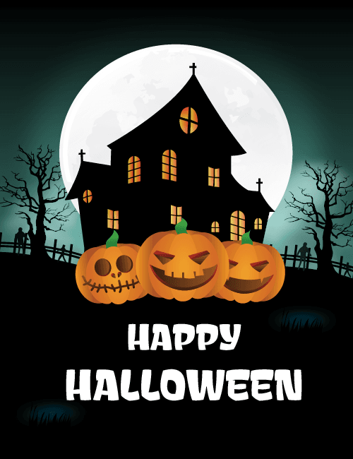 Haunted House & Pumpkins Halloween Card