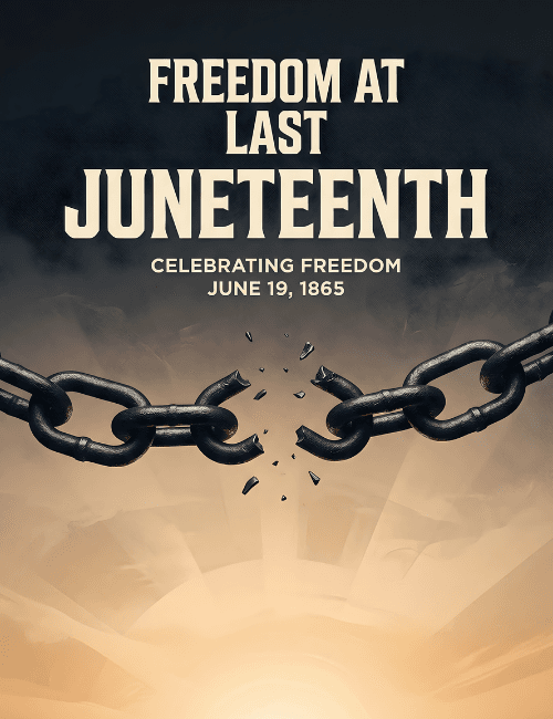 Juneteenth broken chains freedom at last celebration card