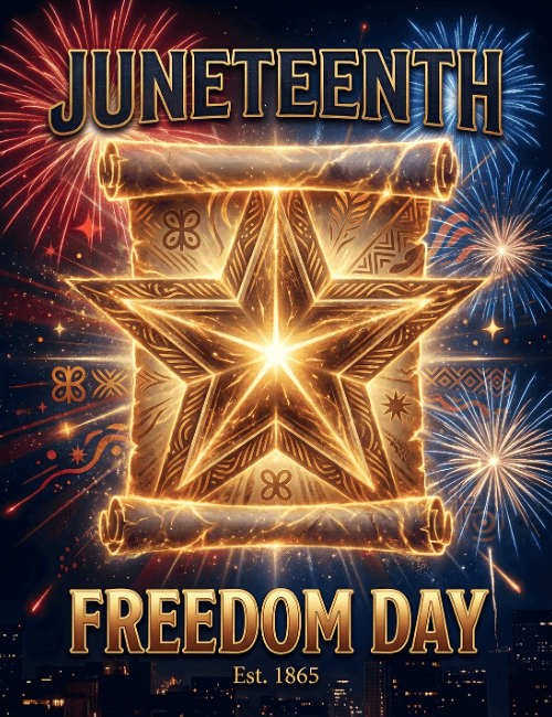 Juneteenth Freedom Day star scroll with fireworks card