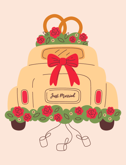 Retro Just Married Wedding Card – Yellow Car with Red Bow