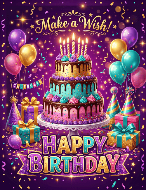 Luxury Happy Birthday Card with Cake Balloons and Celebration Theme