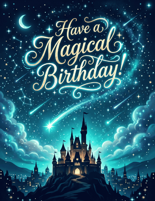 Magical Happy Birthday Card with Fantasy Castle and Night Sky