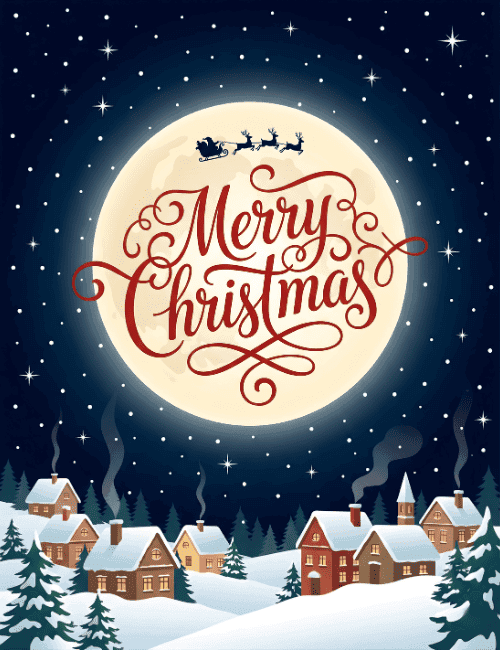 Merry Christmas Moonlit Winter Village Holiday Card