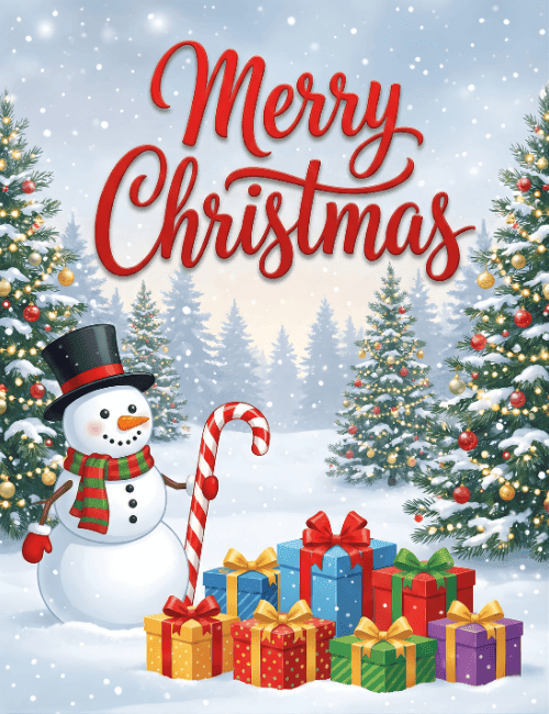 Merry Christmas Snowman With Gifts Cute Holiday Card