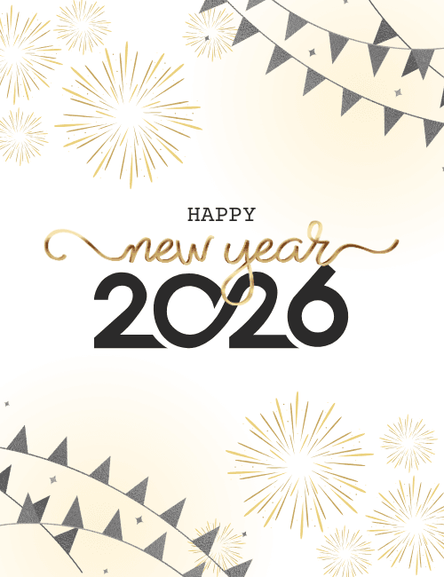 Minimal Gold Happy New Year 2026 Card – Elegant Fireworks & Clean Layout