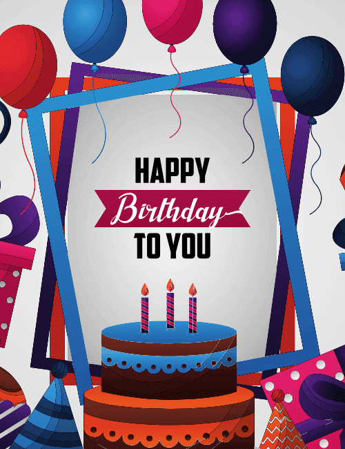 Modern Happy Birthday Card with Cake Balloons and Stylish Party Frame