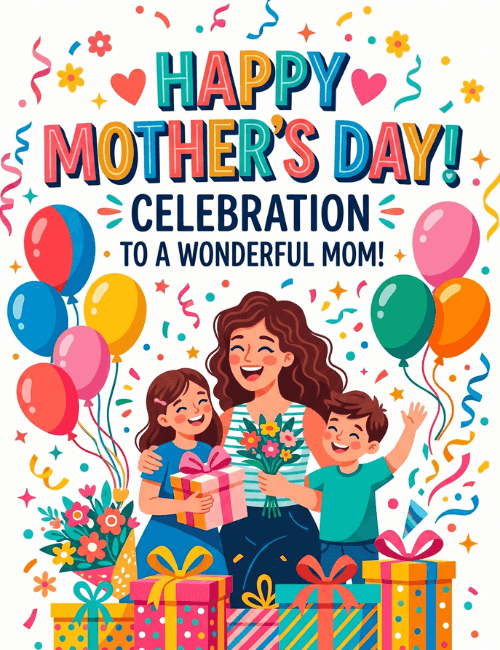 Happy Mother's Day Celebration Card with Family and Gifts Illustration