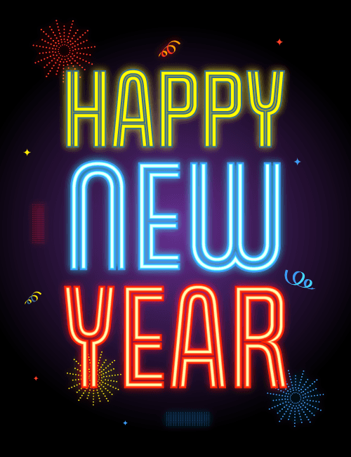 Neon text with fireworks